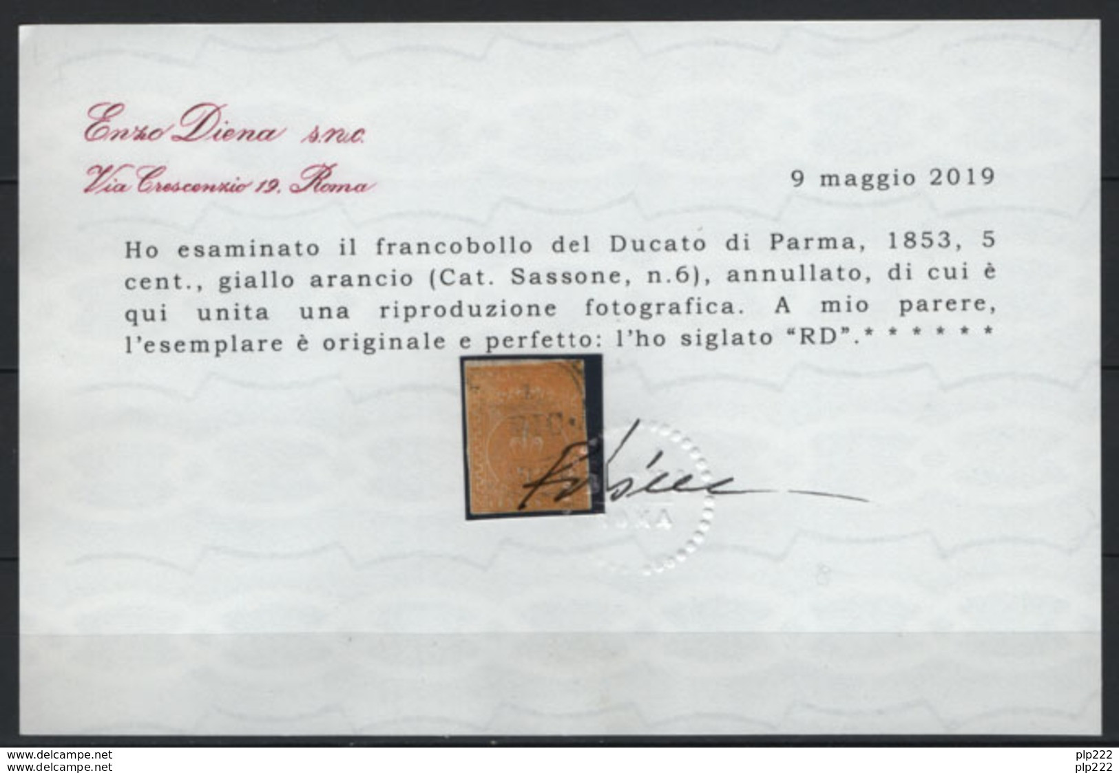 Parma 1853 Sass.6 O/Used VF/F - Cert R.Diena - Parme