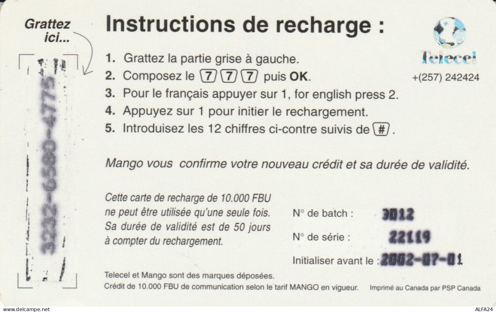 PREPAID PHONE CARD BURUNDI (E52.4.2 - Burundi