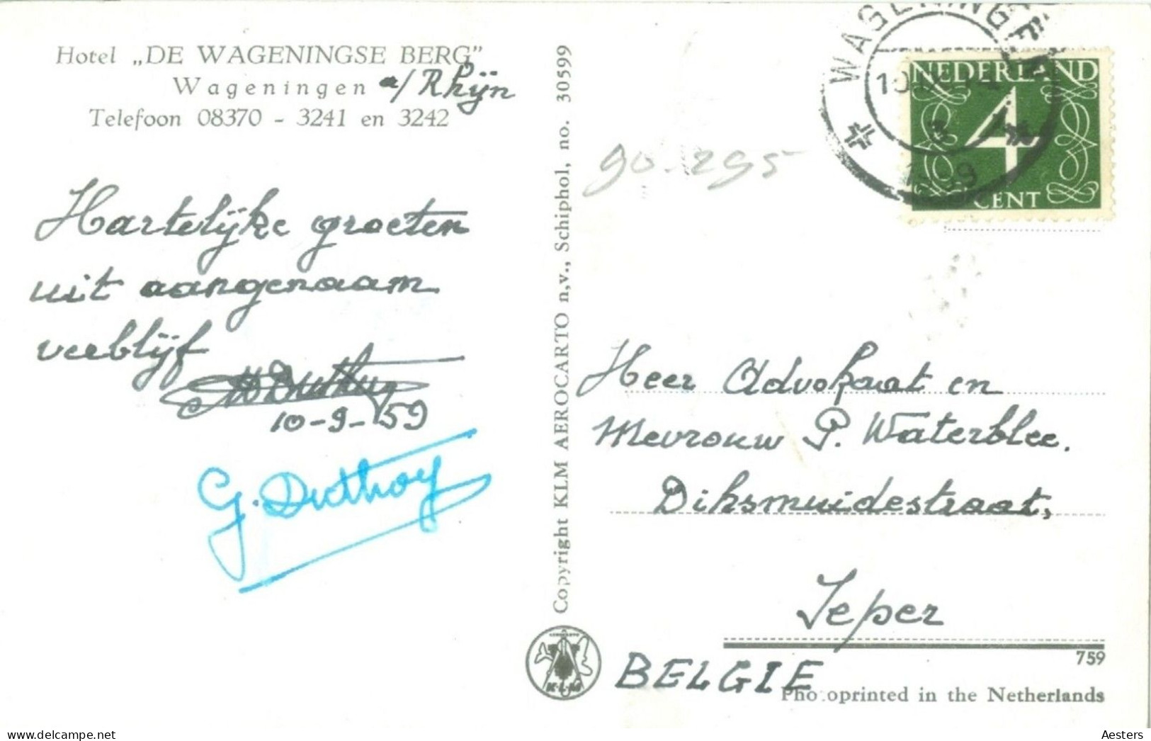 Wageningen1959; Hotel De Wageningse Berg - Gelopen. (Eigen Uitgave) - Wageningen