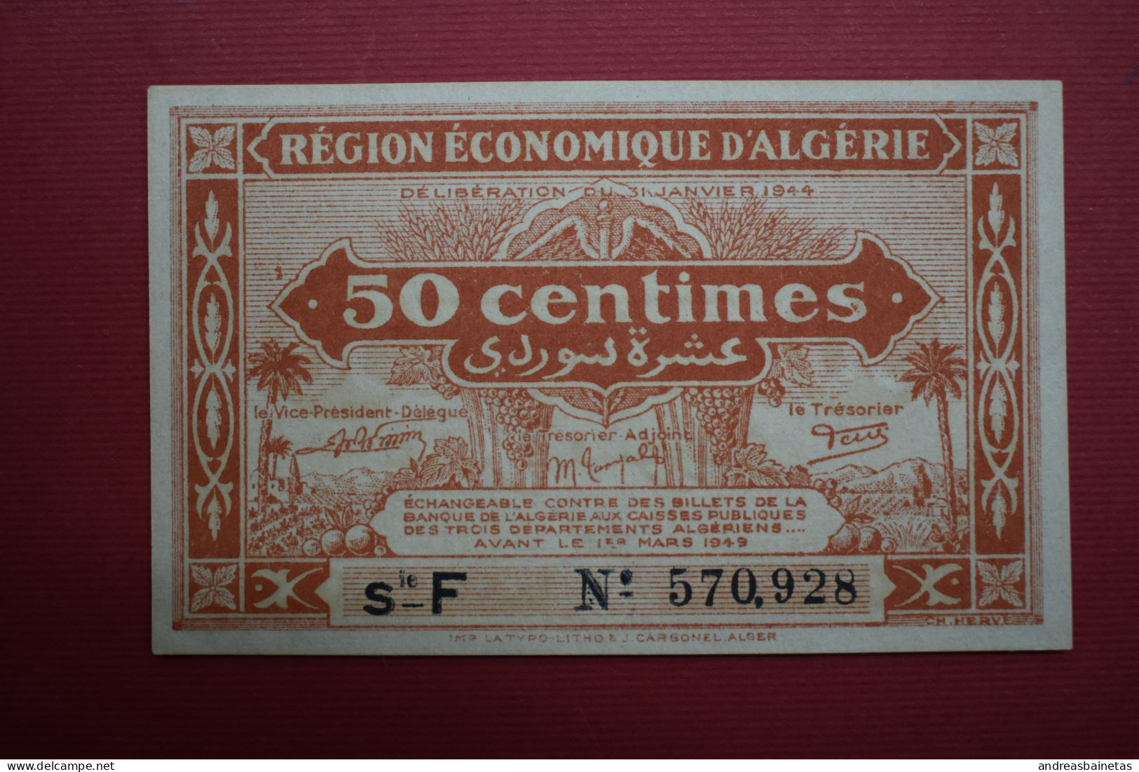 Banknotes Algeria 50 Centimes 1944 - 1949   17% P97b Series F, F1 - Algerien