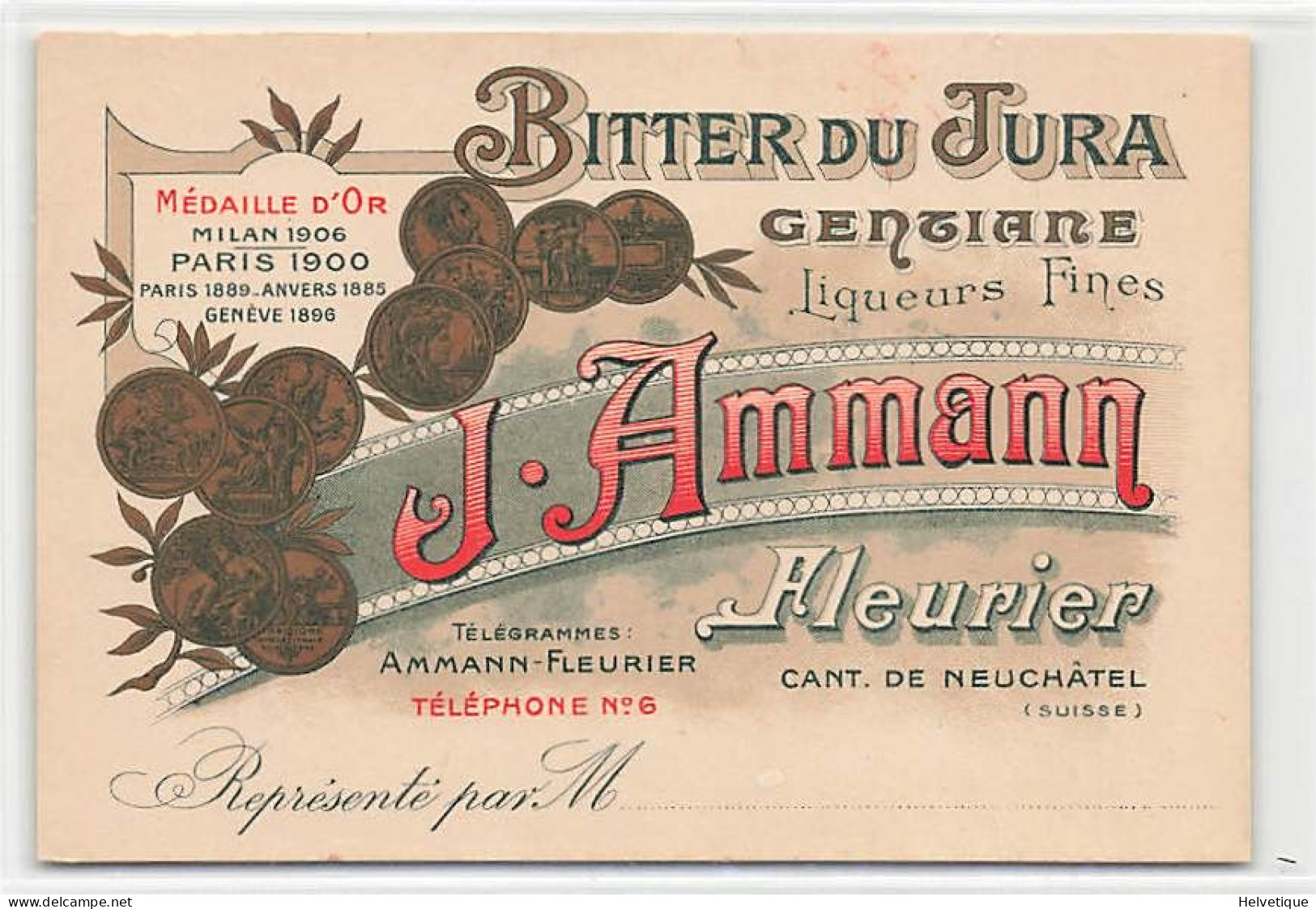 Amman Fleurier Gentiane Bitter Du Jura Cant. De Neuchâtel Suisse Publicité - Fleurier