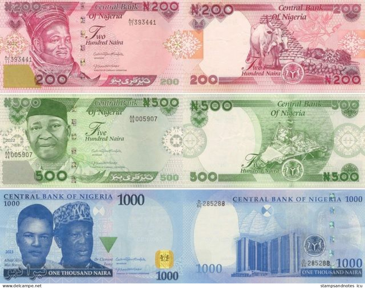 NIGERIA 200 500 1000 Naira Set Of 2023 P W47 W48 W49 UNC Set Of 3 Banknotes. All Notes Dated 2023 - Nigeria