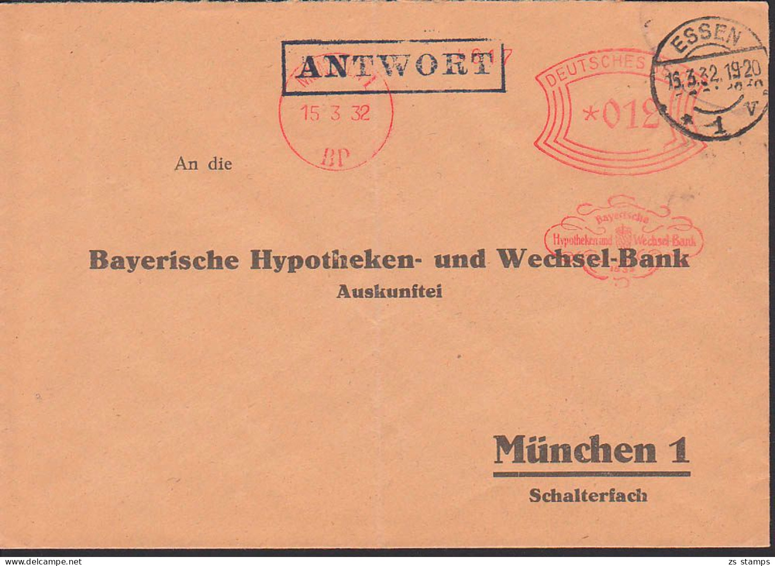 München AFS 15.3.32 Als ANTWORT, Bayrische Hypotheken- Und Wechsel-Bank - Frankeermachines