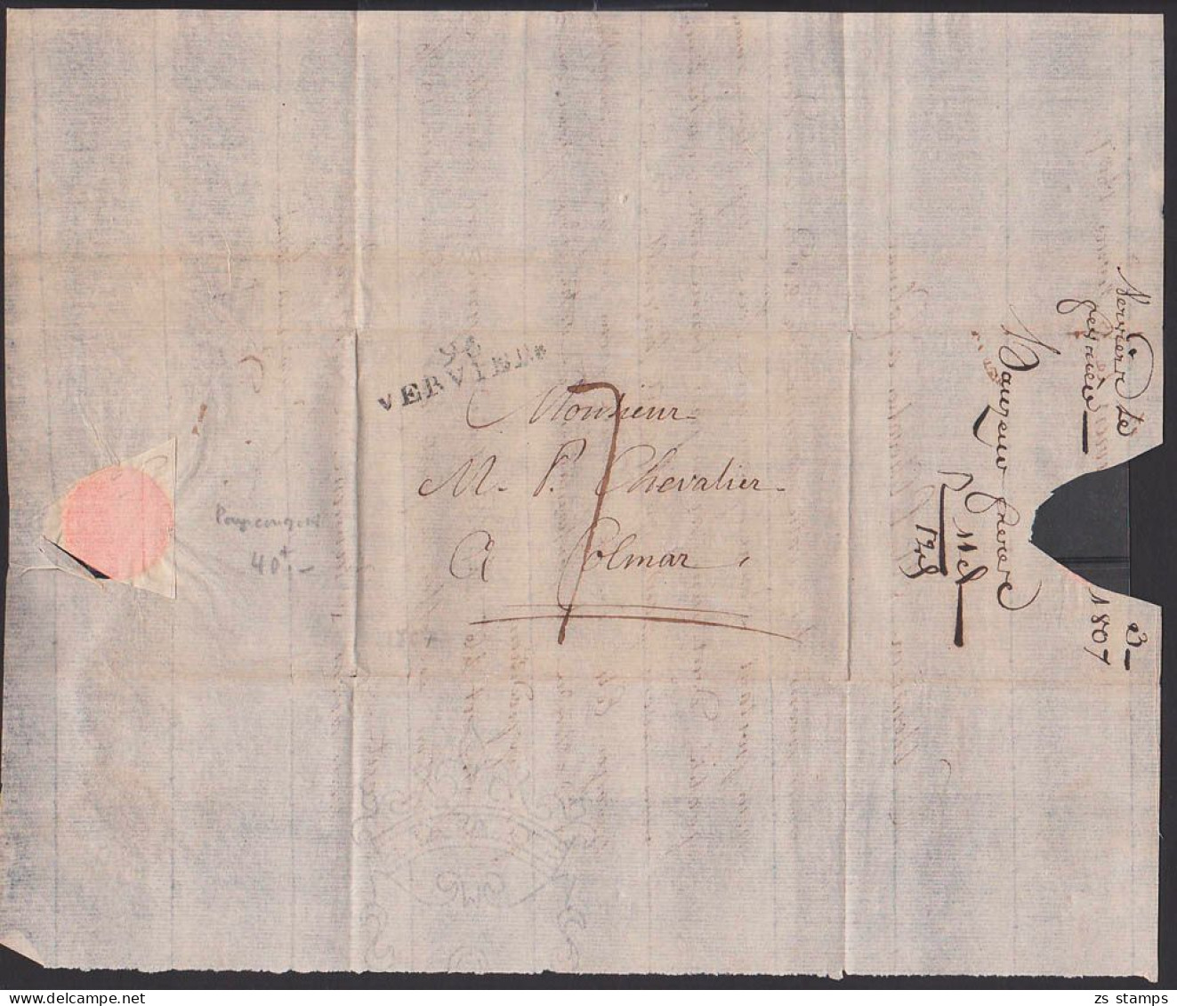 Verviers Belgien Altbrief Von 1807 Nach Colmar Elsass Colmer Kolmar Mit Inhalt, Trockensiegel, Pergaminpapier - 1794-1814 (Periodo Frances)