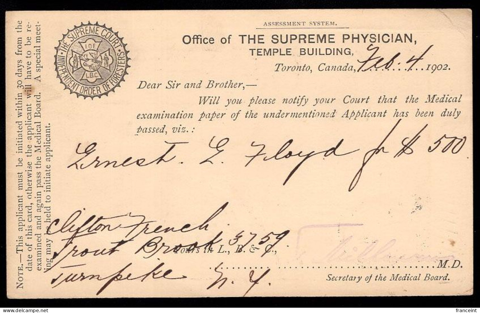 CANADA(1902) Order Of Foresters Emblem. Postal Card With Printed Announcement From Office Of The Supreme Physician About - 1860-1899 Regno Di Victoria