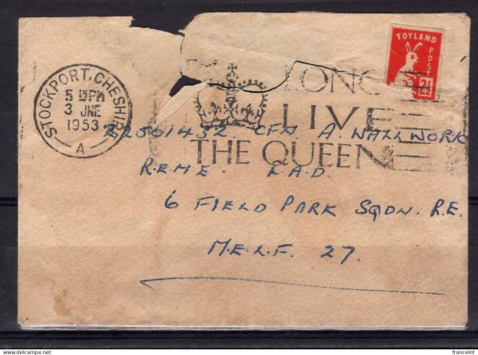 GREAT BRITAIN(1953) Rabbit. Miniature Envelope Franked With (damaged) 2-1/2 TOYLAND POST Stamp Showing Picture Of A Baby - Cinderellas