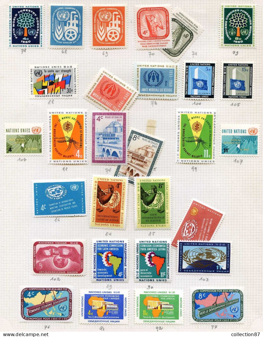 Réf 79 < NATIONS UNIES < Collection De 60 Valeurs + 1 Bloc Entre Yv. N° 68 Et 126 * Neuf * MH * < Cote 40.00 € - O.N.U. - Unused Stamps