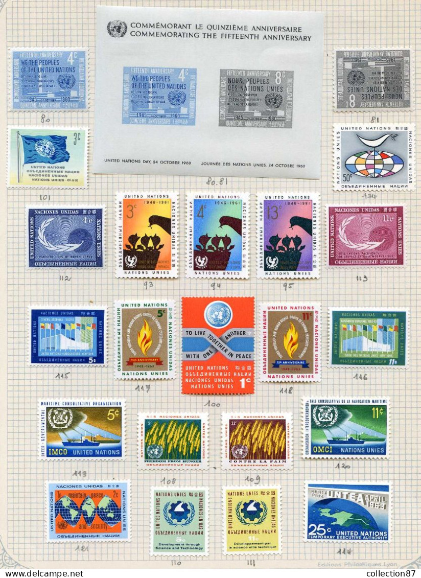 Réf 79 < NATIONS UNIES < Collection De 60 Valeurs + 1 Bloc Entre Yv. N° 68 Et 126 * Neuf * MH * < Cote 40.00 € - O.N.U. - Unused Stamps