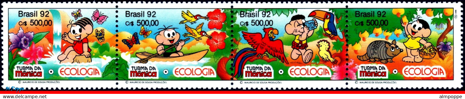 Ref. BR-2373A BRAZIL 1992 - ECOLOGY, FLOWERS, BIRDS,BUTTERFLY, FAUNA,FLORA, MI# 2479-82, MNH, COMICS 4V Sc# 2370-2373 - Colibríes