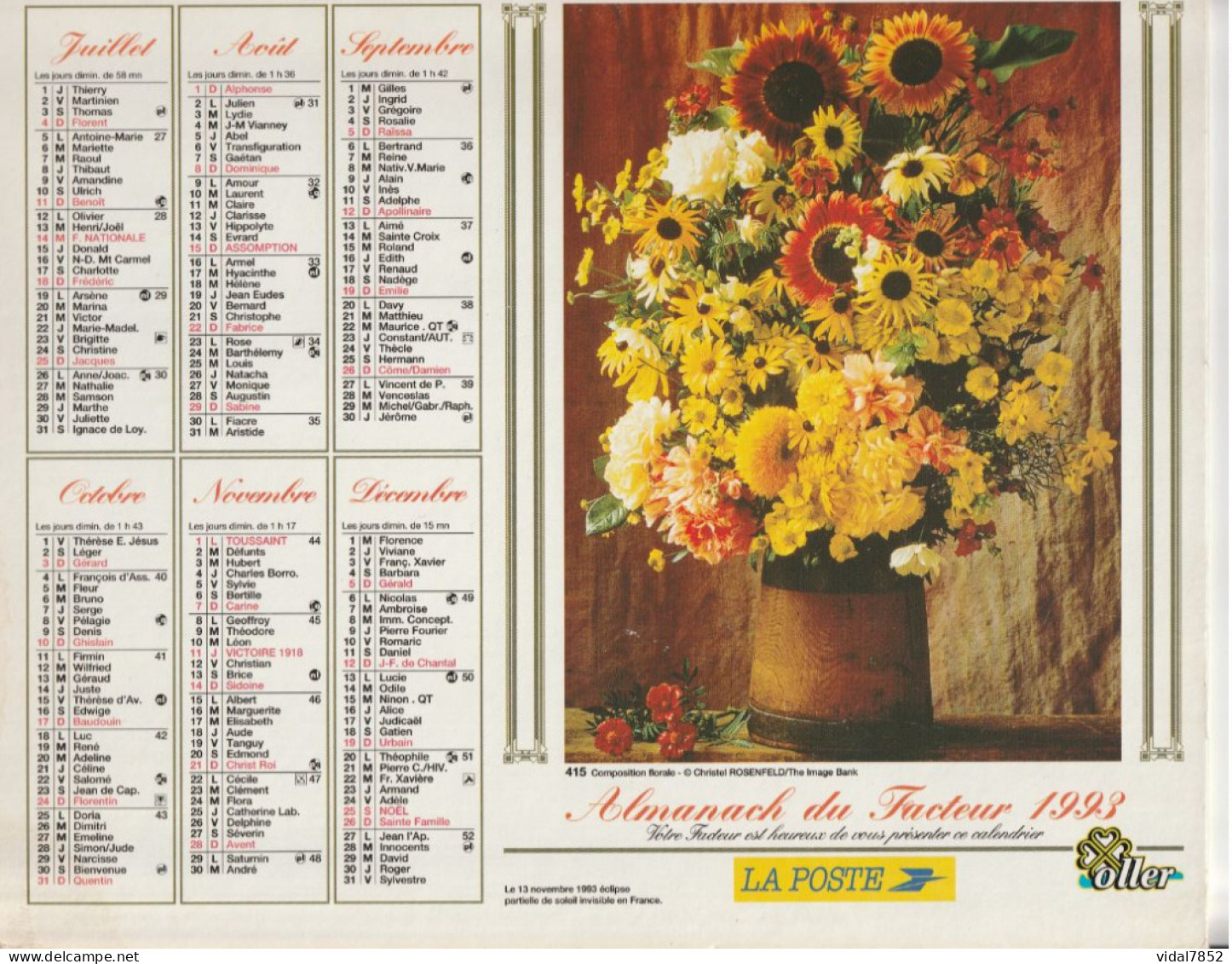 Calendrier-Almanach Des P.T.T 1993 -Composition Florale- Département AIN-01-Référence 415 - Tamaño Grande : 1991-00