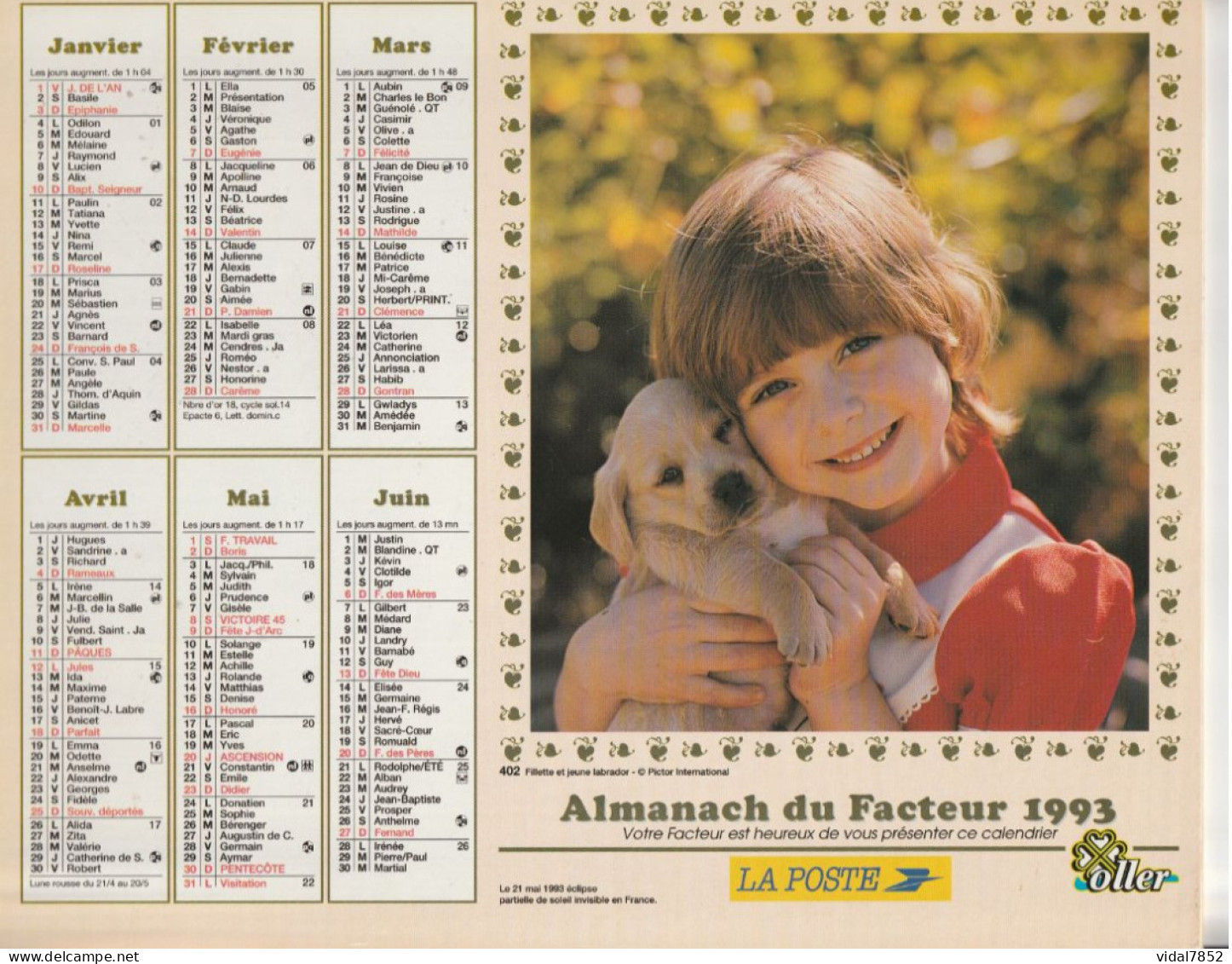 Calendrier-Almanach Des P.T.T 1993 -Fillette Et Jeune Labrodor-Fillette Et Chaton - Département AIN-01-Référence 402 - Formato Grande : 1991-00