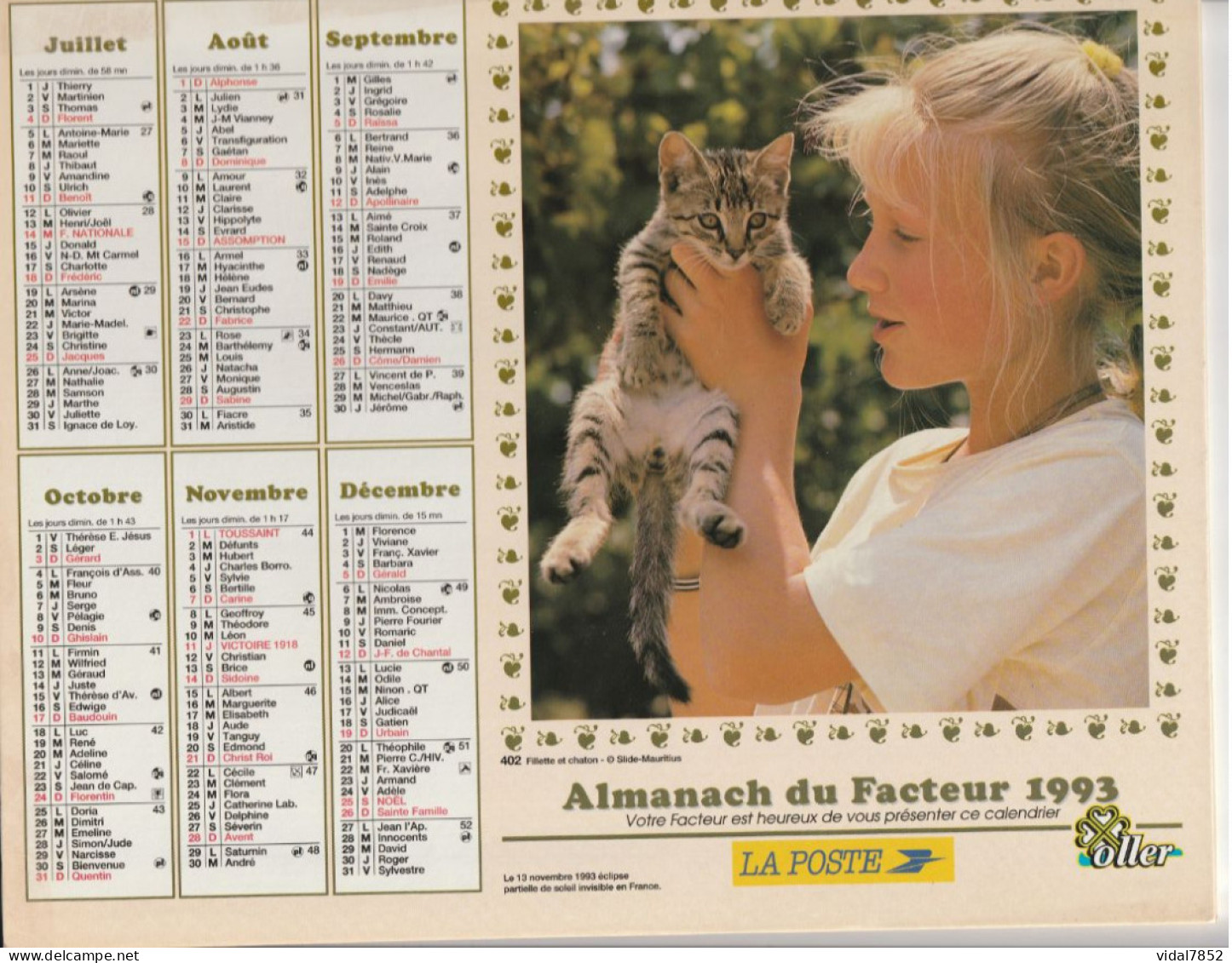 Calendrier-Almanach Des P.T.T 1993 -Fillette Et Jeune Labrodor-Fillette Et Chaton - Département AIN-01-Référence 402 - Tamaño Grande : 1991-00