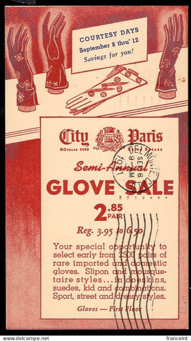 ETATS UNIS(1941) Gants. Mannequins (mains). Entier Publicitaire à 1 Cent. "Les Gants 'City Paris'. Soldes Semi-annuelle - 1941-60
