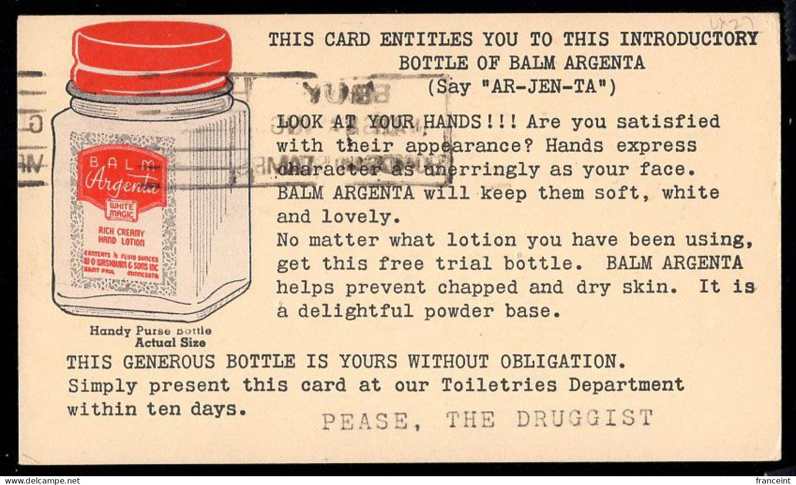 U.S.A.(1943) Bottle Of Balm For Chapped Hands. 1 Cent Bicolor Postal Card With Advertising. "Balm Argenta." - 1941-60