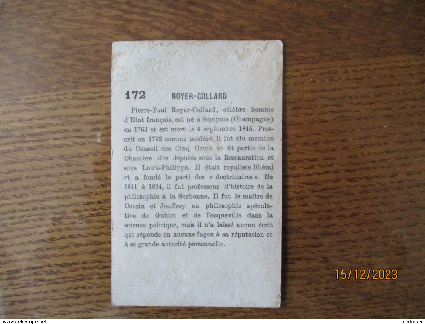 ROYER-COLLARD CELEBRE HOMME D'ETAT FRANCAIS NE A SOMPUIS EN 1763 MORT LE 4 SEPTEMBRE 1845 - Ibled