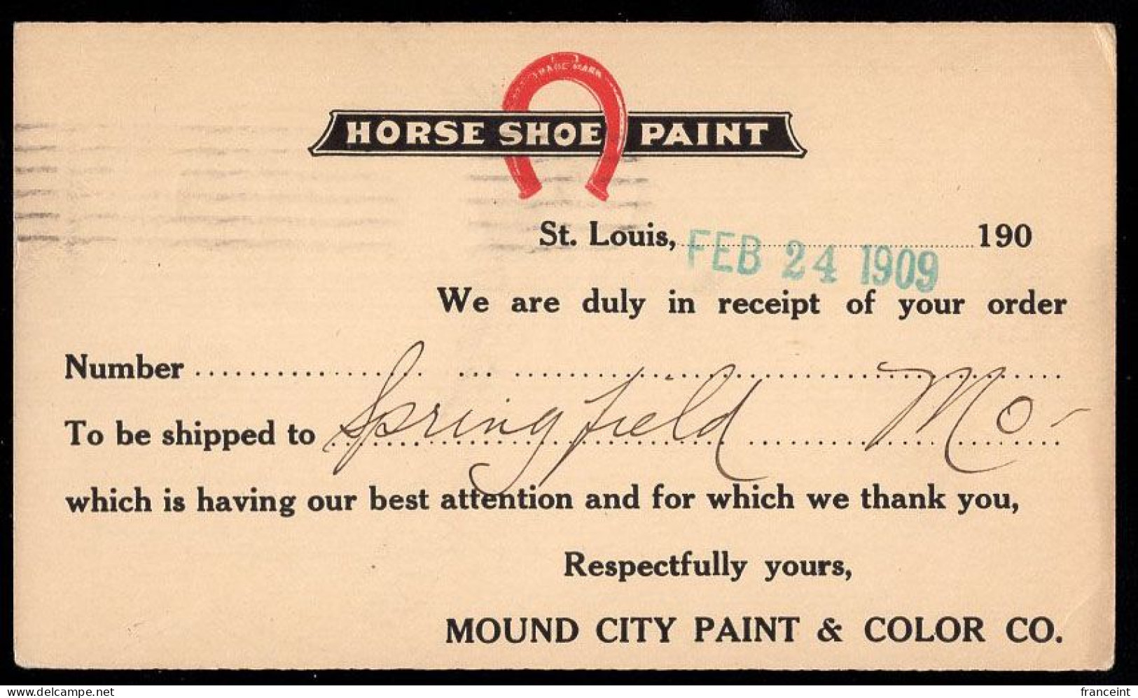 U.S.A.(1909) Horse Shoe. Paint. One Cent Bicolor Postal Card With Advertising: "Mound City Paint & Color Company." - 1901-20