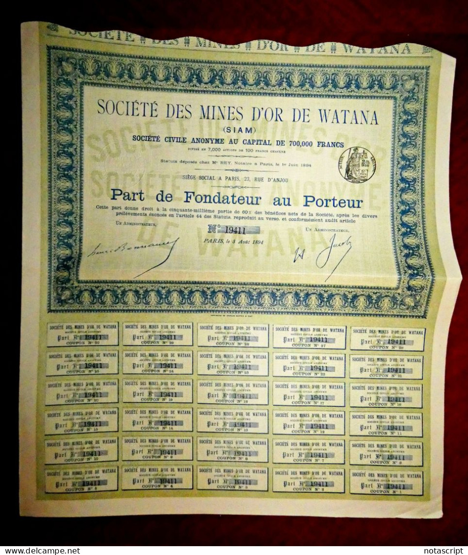 Société Des Mines D'Or De Watana, Siam (Thailand) Paris 1894 Share Certificate - Mines