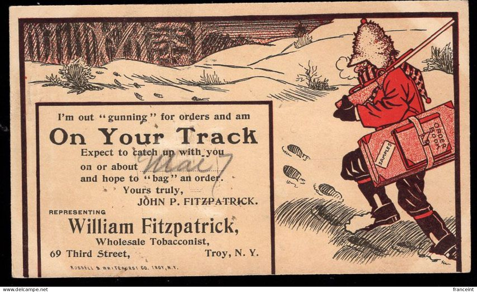 ETATS UNIS(1905) Chasseur. Fusil. Tabac. Joli Entier Publicitaire Bicolore à 1 Cent: "William Fitzpatrick, Wholesale Tob - 1901-20