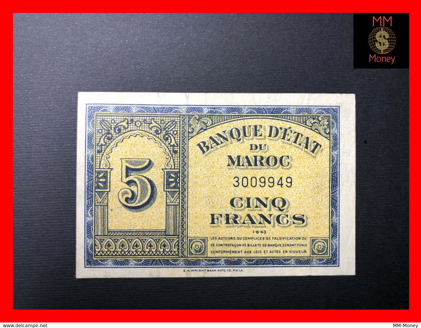 MOROCCO  5  Francs 1.8.1943  P. 24    XF - Marokko