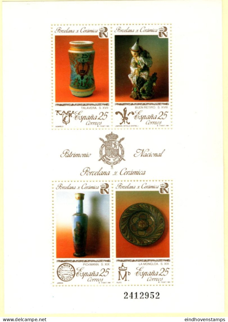 Spain 1991 National Heritage Block Issue MNH Porcelain Dish, Figure, Pharmacy Box, Vase, - Porcelana