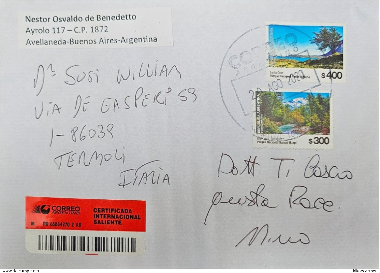 Certificada Registered Letter To Europe Republica ARGENTINA 2020 Santa Cruz Parque Nacional Self-adhesive Cover Used - Lettres & Documents