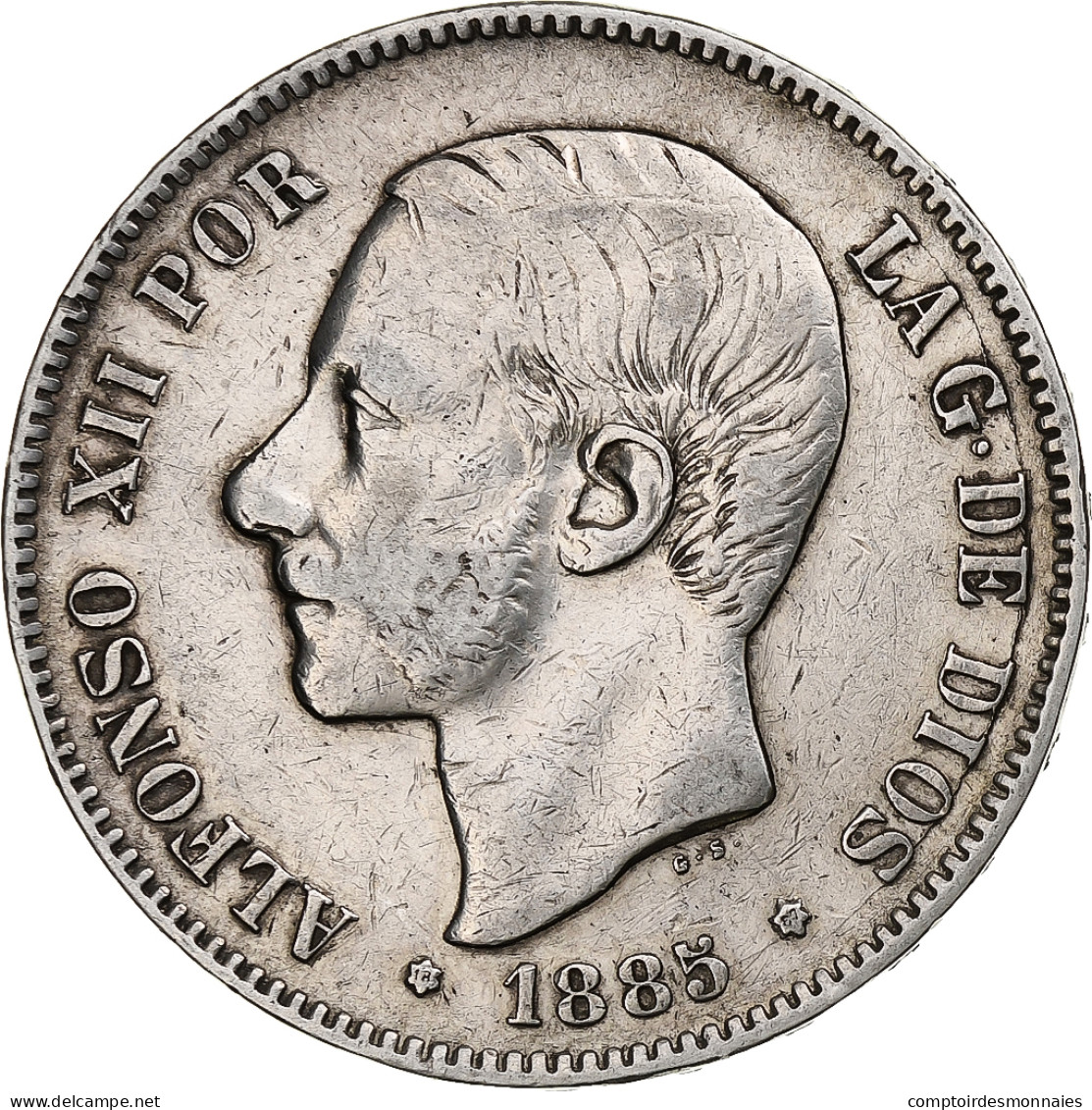 Monnaie, Espagne, Alfonso XII, 5 Pesetas, 1885 (87), Madrid, TB+, Argent, KM:688 - First Minting