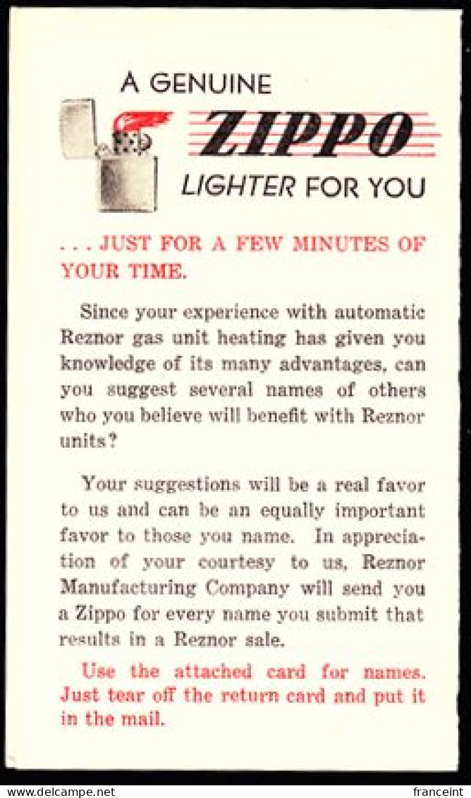 U.S.A.(1940) Lighter. Fire. One Cent Postal Card With Paid Response Offering A Free "Zippo Lighter" And Advertising Gas - 1921-40
