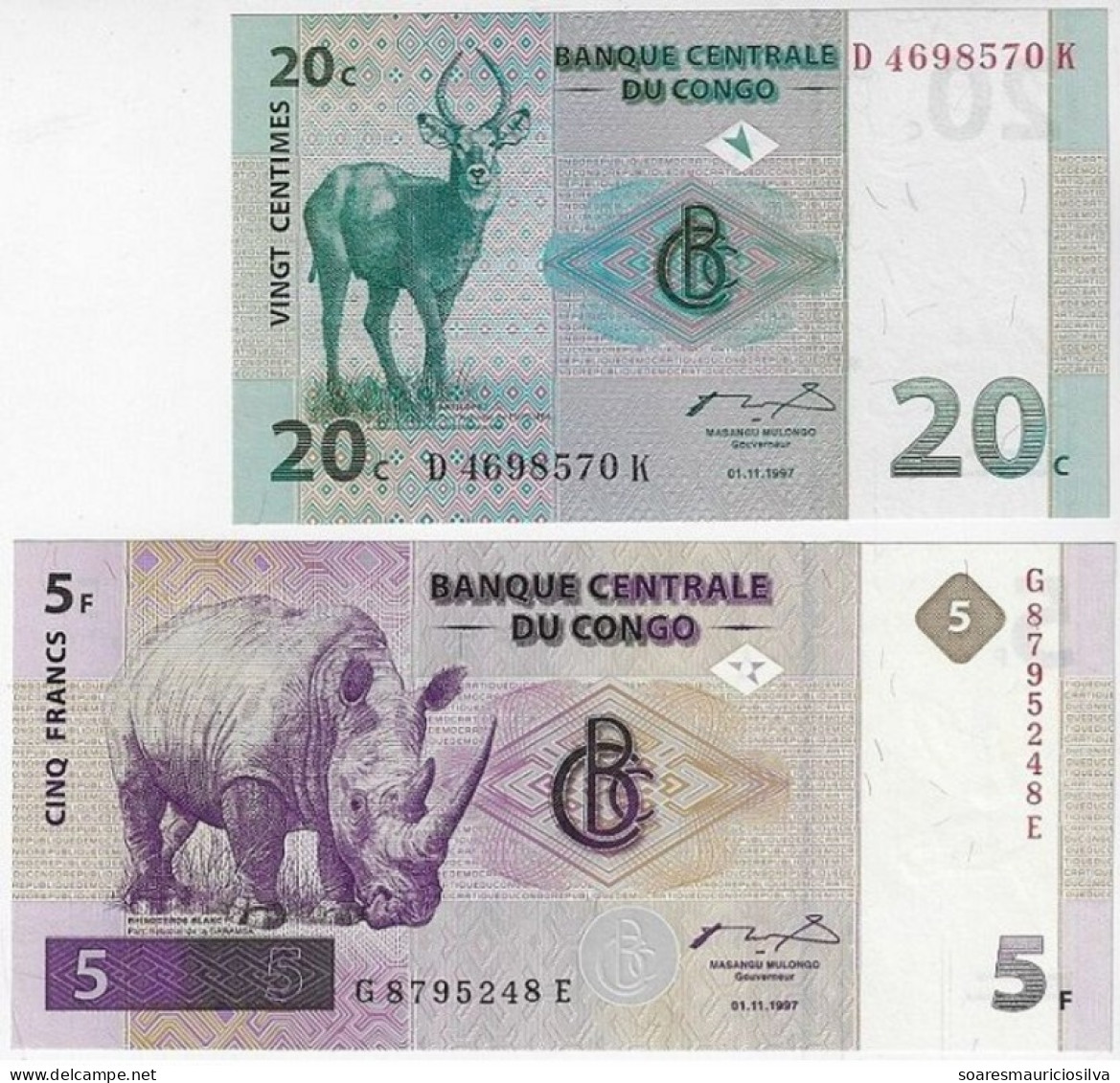 Congo Banknote 20 Centimos + 5 Francs 1997 Pick-83 And Pick-86 Fauna Rhinoceros Waterbuck Uncirculated Catalog US$ 66,25 - Sin Clasificación