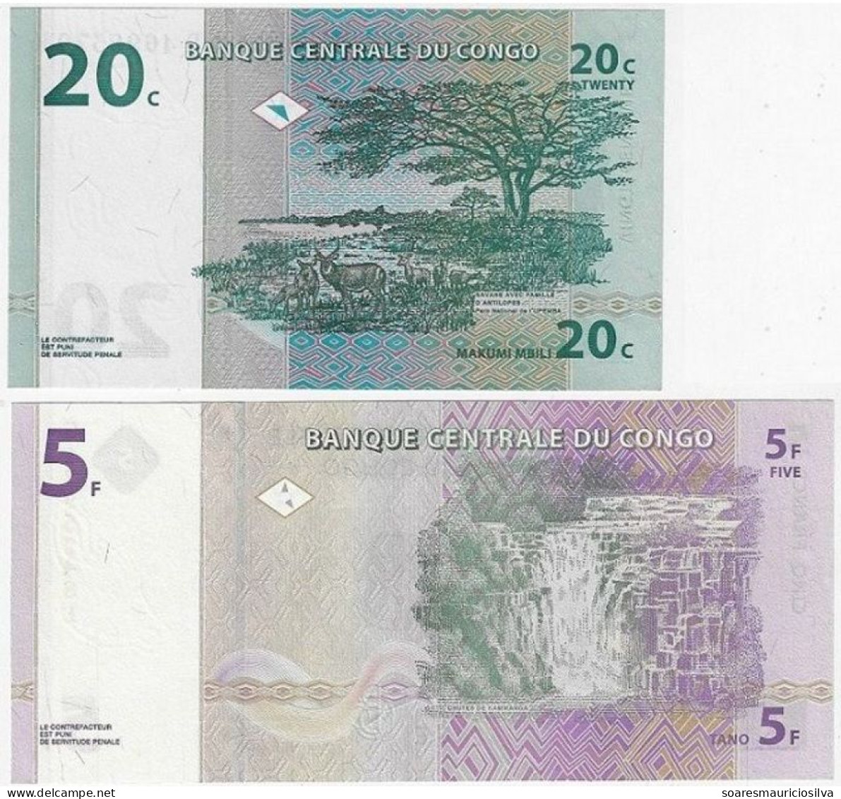 Congo Banknote 20 Centimos + 5 Francs 1997 Pick-83 And Pick-86 Fauna Rhinoceros Waterbuck Uncirculated Catalog US$ 66,25 - Sin Clasificación