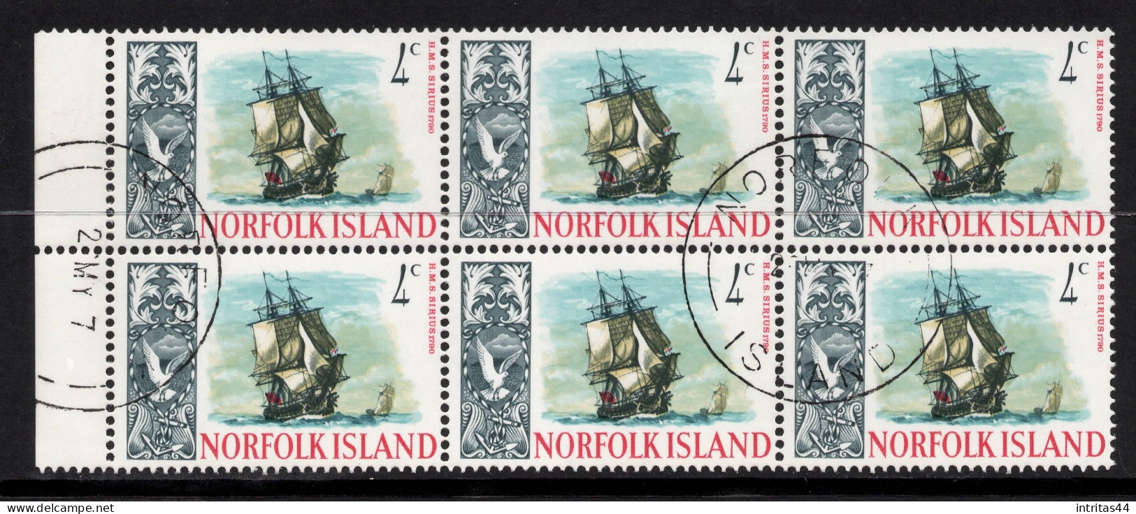 NORFOLK ISLAND 1967 SHIPS  4c "HMS SIRIUS 1790 " SELVEDGE  BLOCK OF (6) CTO - Norfolk Island