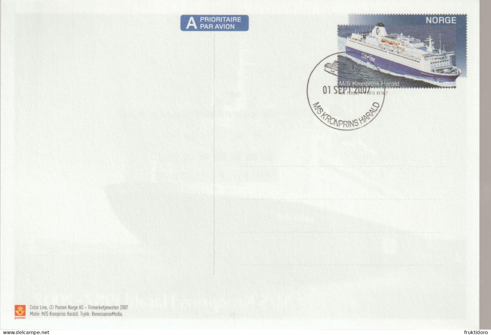 Norway Postal Stationery 2007 Ship M/S Crown Prince Haral 1987-2007 - Special Cancellation Onboard - Postal Stationery