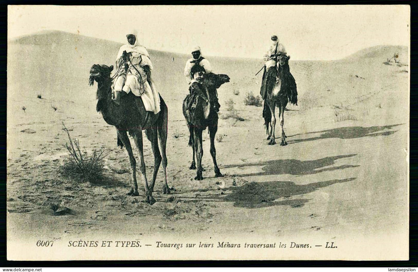 A65  ALGERIE CPA  SCENES ET TYPES - TOUAREGS SUR LEURS MEHARA TRAVERSANT LES DUNES - Collections & Lots