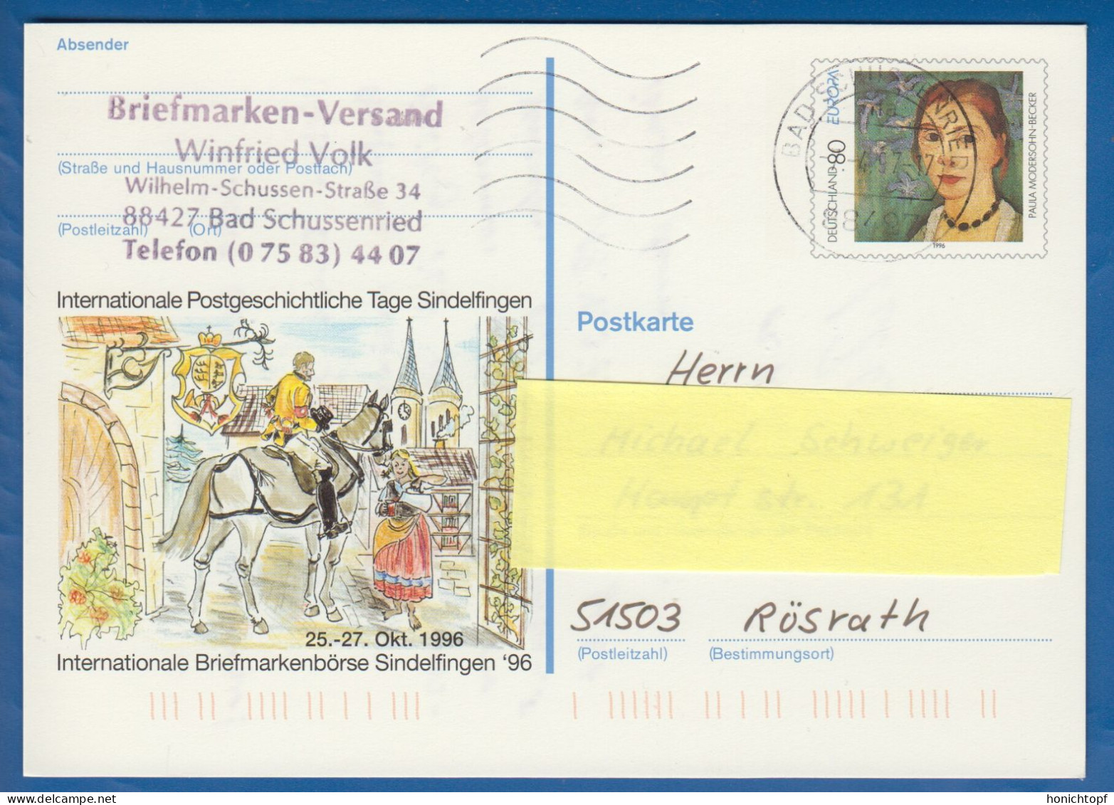 Deutschland; BRD; Postkarte; 80 Pf Paula Modersohn-Becker; Sindelfingen 1996 - Cartoline - Usati