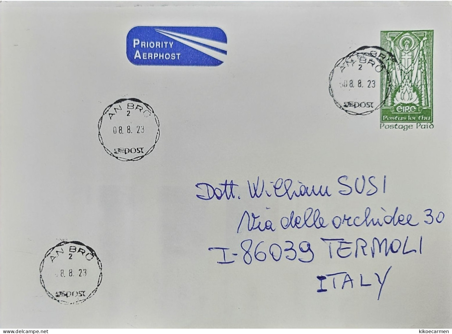 Ireland Postal Stationery 2023 Cover Used To Italy An Bro ANbro Postage Paid - Enteros Postales