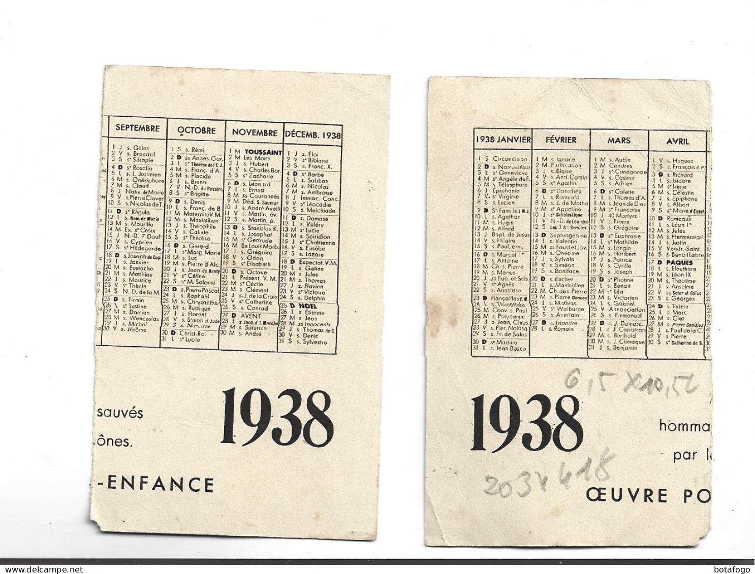 CALENDRIER 1938  (coupe En 2 ) OEUVRE POUR L ENFANCE - Kleinformat : 1921-40