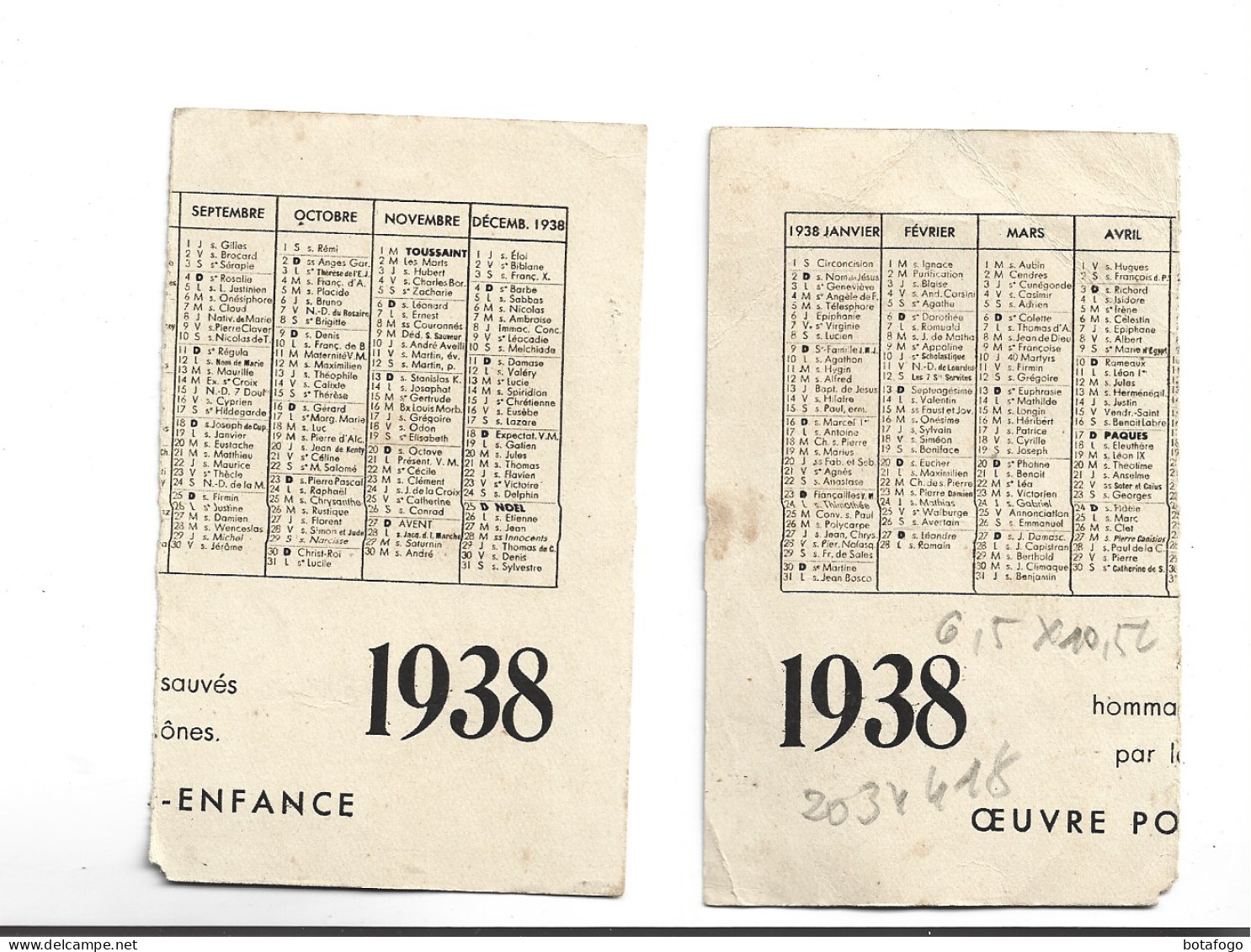 CALENDRIER 1938  (coupe En 2 ) OEUVRE POUR L ENFANCE - Formato Piccolo : 1921-40