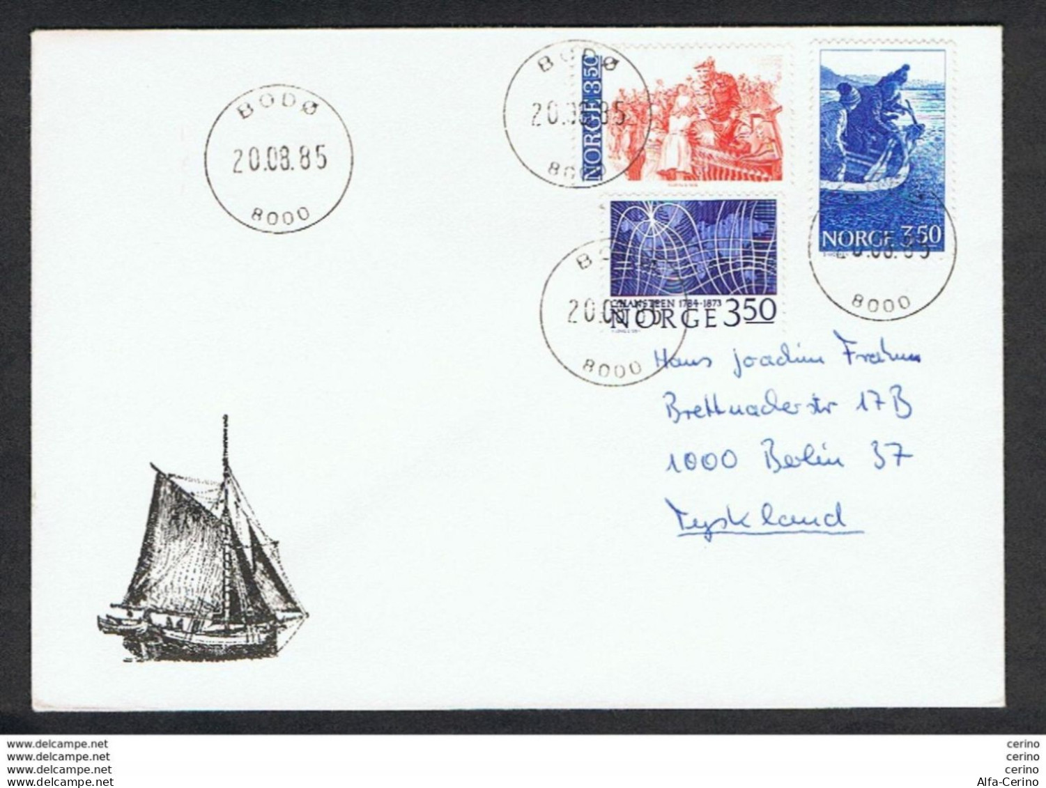 NORWAY: 20.08.1985 COVERT FROM BODO WITH:  3 K.50 + 3 K.50 + 3 K.50 (857 + 858 + 876) - TO GERMANY - Storia Postale