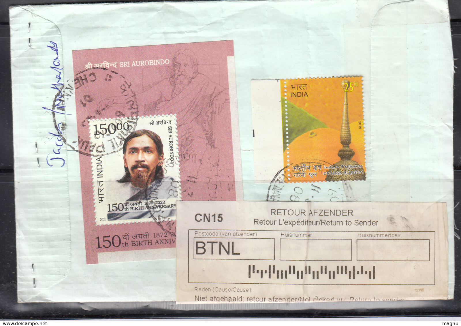 Retour Regd Airmail, Return Netherlland PostNL- India Auxillary Note, Stamps Of Sri Aurobindo & Orange (Fruit) Perfume - Luchtpost