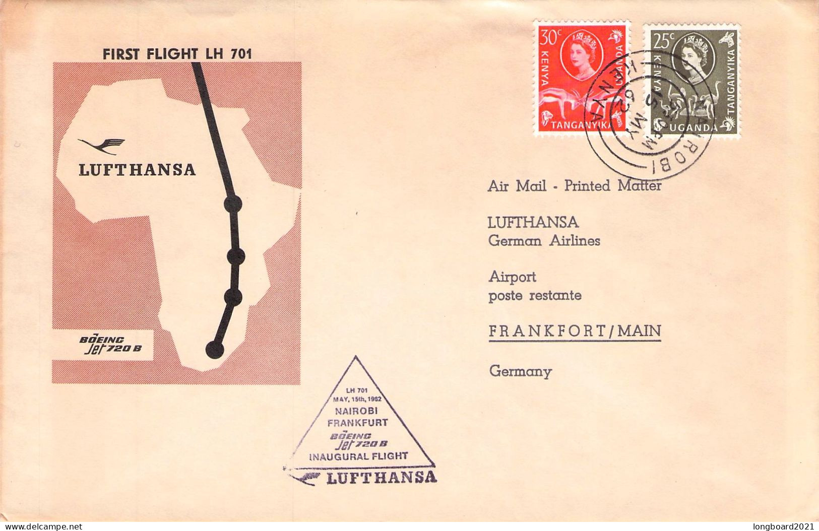 KENYA, UGANDA, TANGANYIKA - FIRST FLIGHT LH 701 NAIROBI 1962 /1505 - Kenya, Uganda & Tanganyika