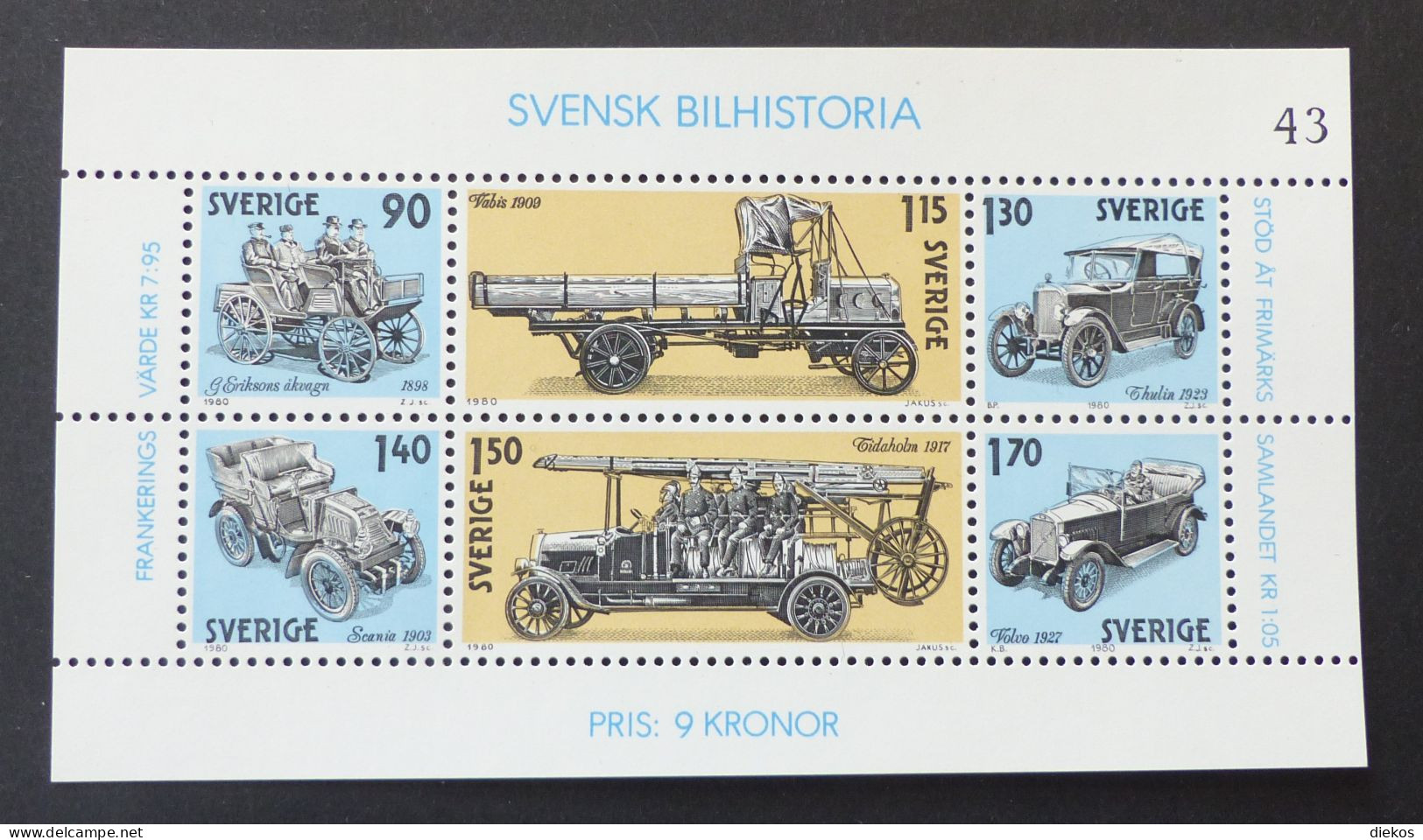 SCHWEDEN Block 8  Geschichte Des Schwedischen Automobilbaus 1980 Postfrisch MNH ** #6302 - Blocs-feuillets