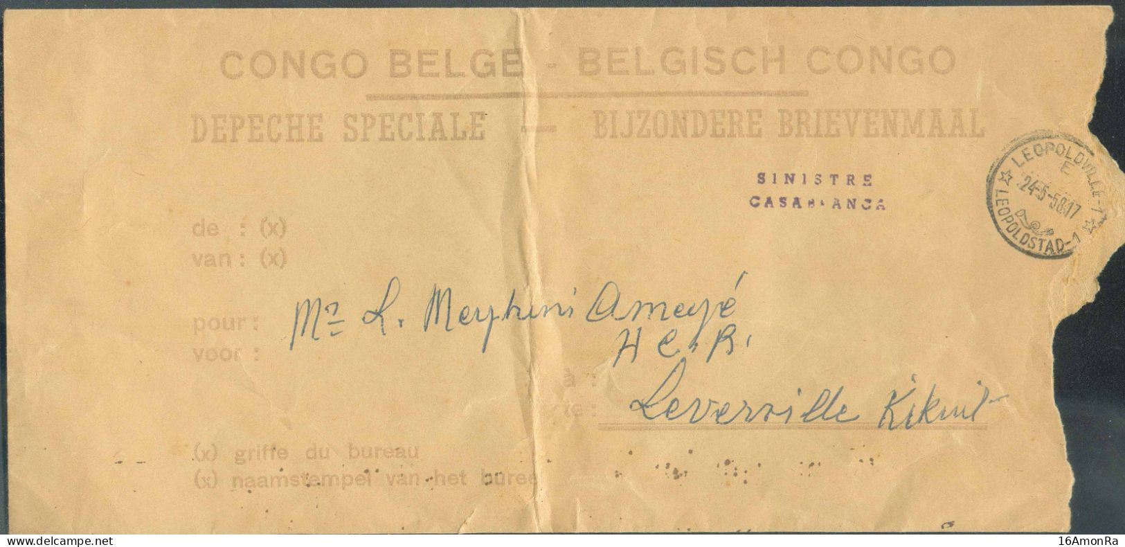 Lettre Officielle 'DEPÊCHE SPECIALE' De La Poste De (sc) LEOPOLDVILLE 24-5-1958 Vers Kikwit + Griffe Violette SINISTRE - Briefe U. Dokumente