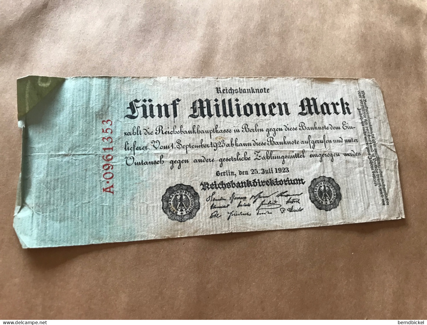 Banknote Reichsbanknote Deutsches Reich 5 Millionen Mark Juli 1923 - 5 Mio. Mark