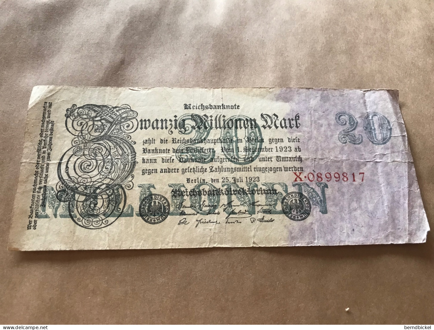 Banknote Reichsbanknote Deutsches Reich 20 Millionen Mark Juli 1923 - 20 Millionen Mark