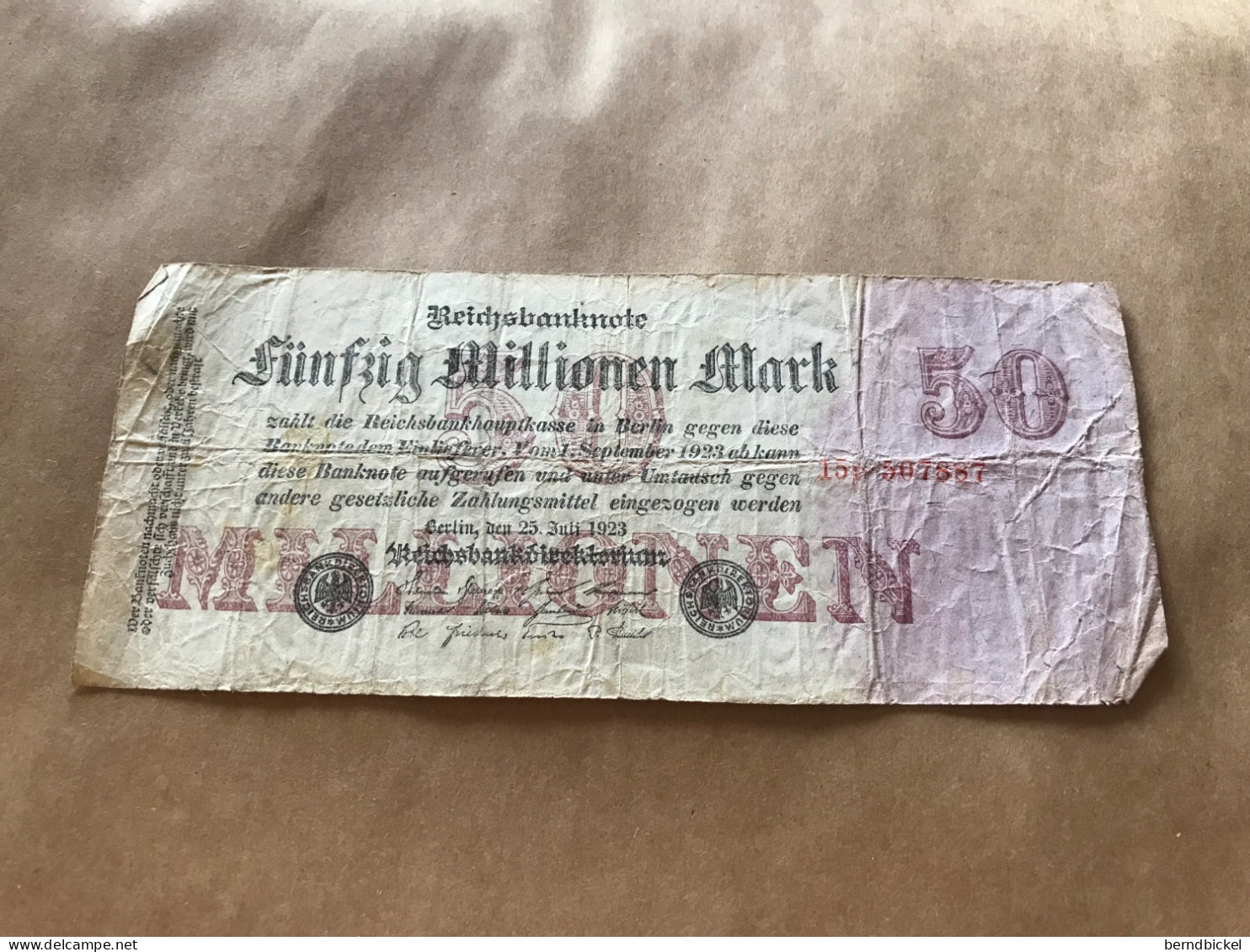 Banknote Reichsbanknote Deutsches Reich 50Millionen Mark Juli 1923 - 50 Mio. Mark