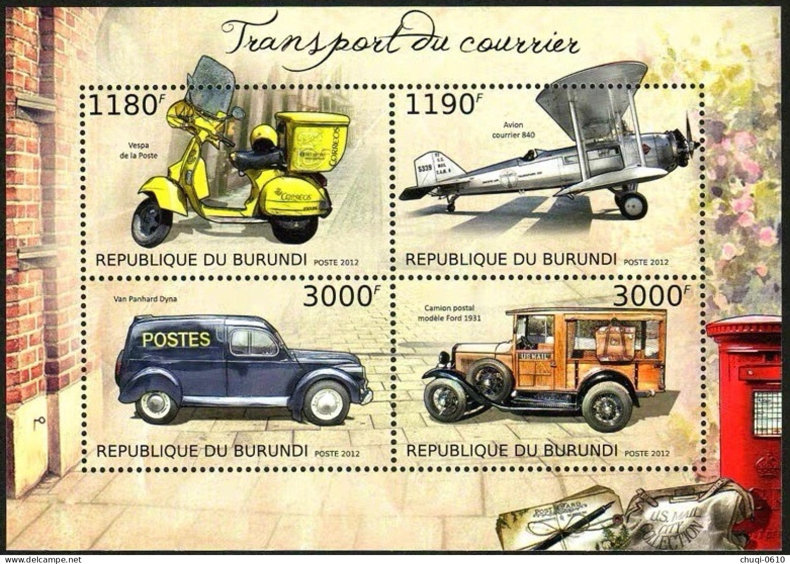 Burundi 2012 Post Transport Post Car Aircraft Motorcycle,MS MNH - Unused Stamps