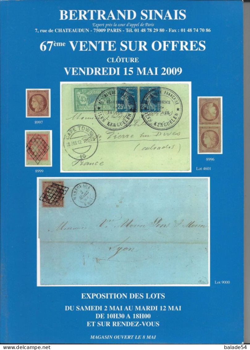 MARCOPHILIE POSTAL Bertrand SINAIS 67e  VENTE SUR OFFRES Clôture Vendredi 15 Mai 2009 - Catalogues De Maisons De Vente