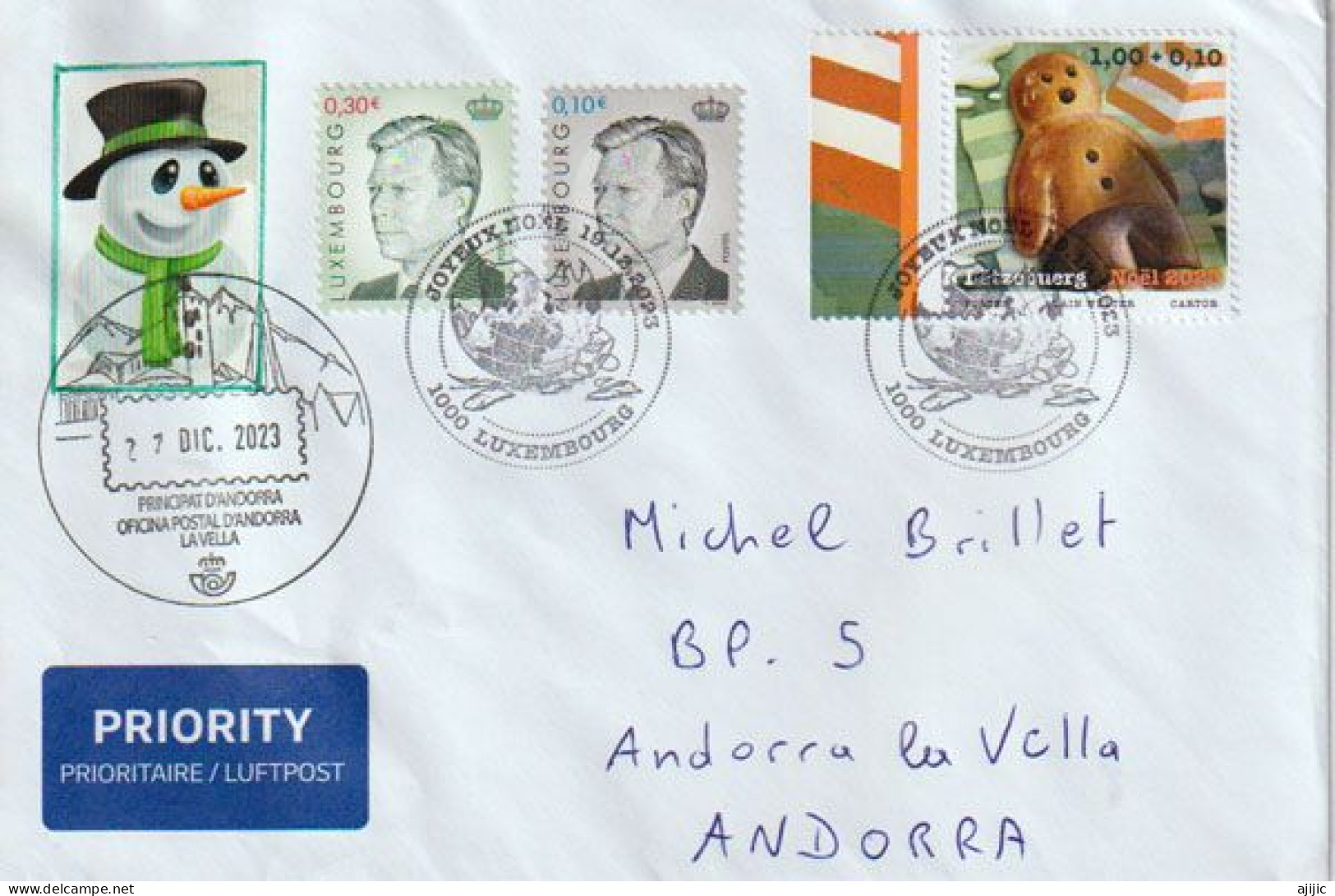 2023 Merry Christmas From Luxemburg, Letter,send To Andorra, With Arrival Illustrated Andorra Postmark - Covers & Documents