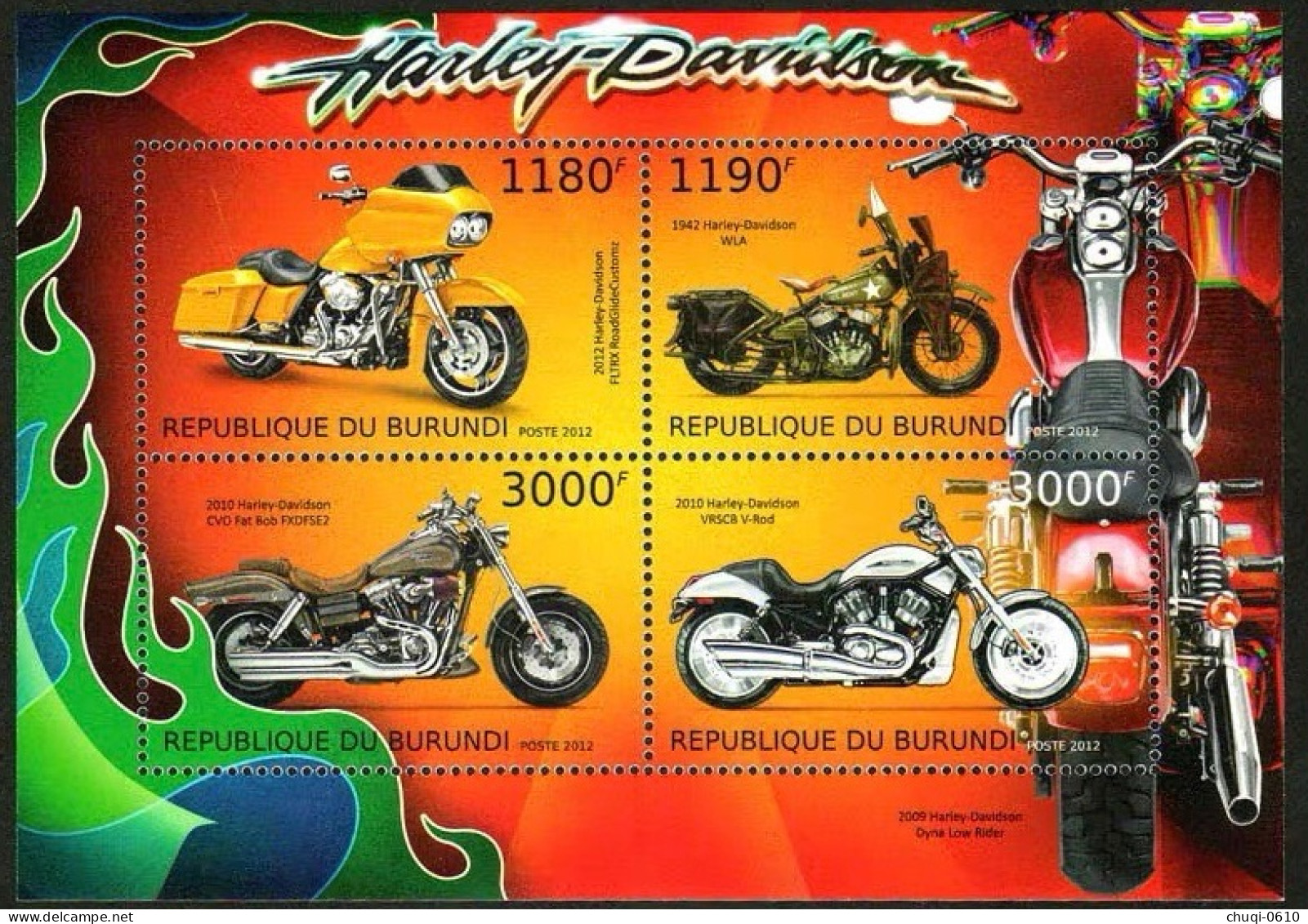 Burundi 2012 World Famous Car Harley Davidson Motorcycle History,MS MNH - Ongebruikt