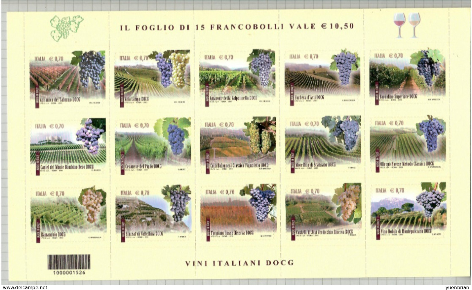 Italy 2013, Fruit, Fruits, Grapes, Wines, Self-Adhesive, Sheetlet Of 15v, MNH** - Vins & Alcools