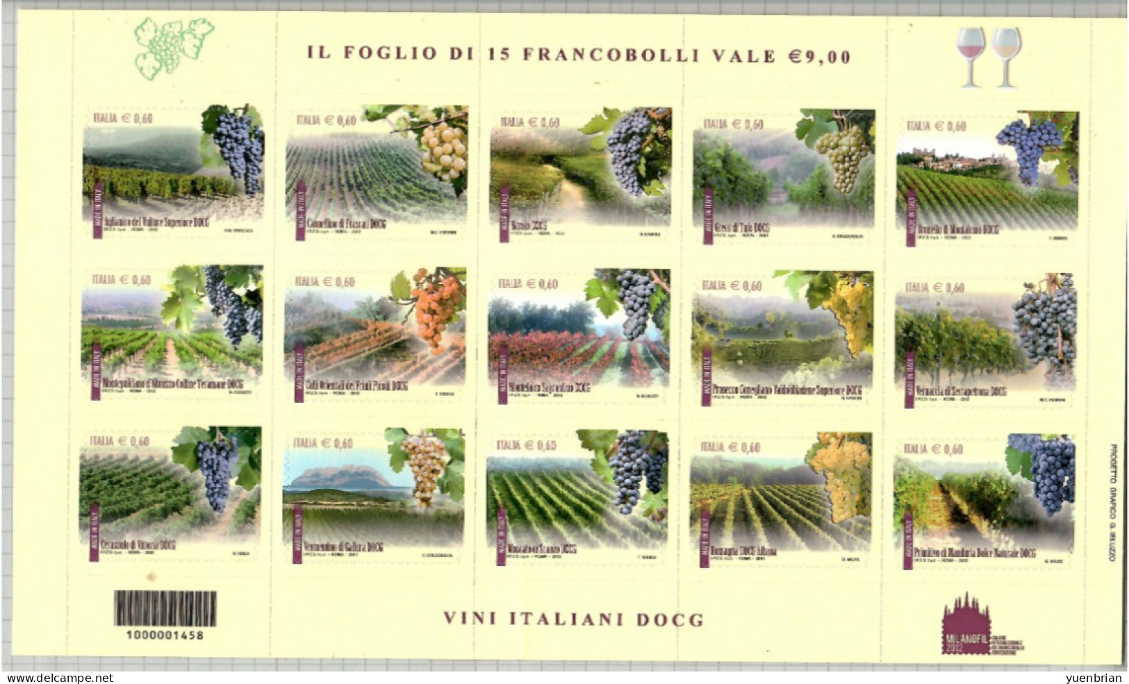 Italy 2012, Fruit, Fruits, Grapes, Wines, Self-Adhesive, Sheetlet Of 15v, MNH** - Vins & Alcools